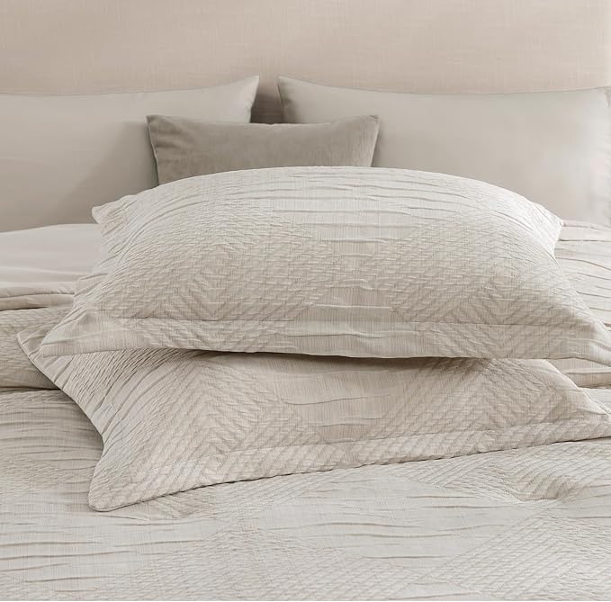 MaiRêve Queen Comforter Set Beige, Crinkle Textured Design Boho Bedding Set 7 Pieces Bed in A Bag, All Season Geometric Comforter Set with Sheets, Pillowcases & Shams