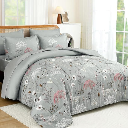 Yiran Grey Floral Comforter Set King Size, 7 Piece Spring Dandelion Plant Botanical Comforter Bedding Set, Bed in a Bag King, Soft Microfiber Complete Bedding Set with Sheets for All Season