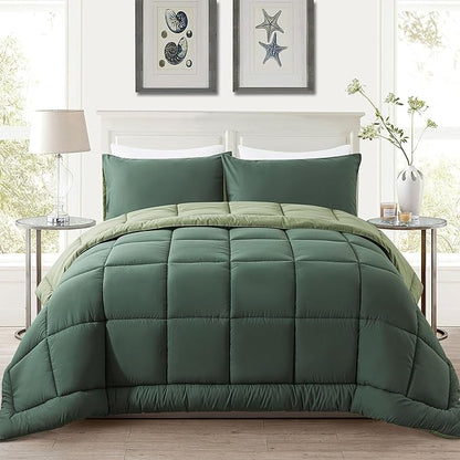 DOWNCOOL Full Size Comforter Sets -All Season Bedding Comforters Sets with 2 Pillow Cases -3 Pieces Bed Set Down Alternative Comforter Set -Double Green Bedding Sets Full(82"x86")