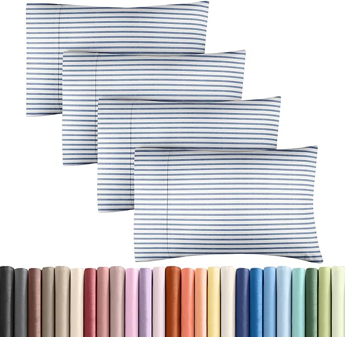 Queen Pillow Cases Set of 4 - Ultra Soft Hotel Quality Pillowcase Covers - Comfy, Cozy & Wrinkle Free - Shrinkage and Fade Resistant - Machine Washable Pillow Protectors - 4 Piece Set - Blue Stripes 2