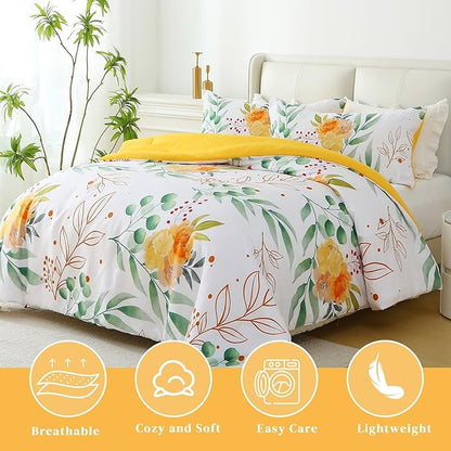 King Comforter Set Yellow 3 Pieces Bed in a Bag, Floral Bedding Sets Elegant Botanical Bed Set Lightweight Soft Comforter with 2 Pillowcases for All Season