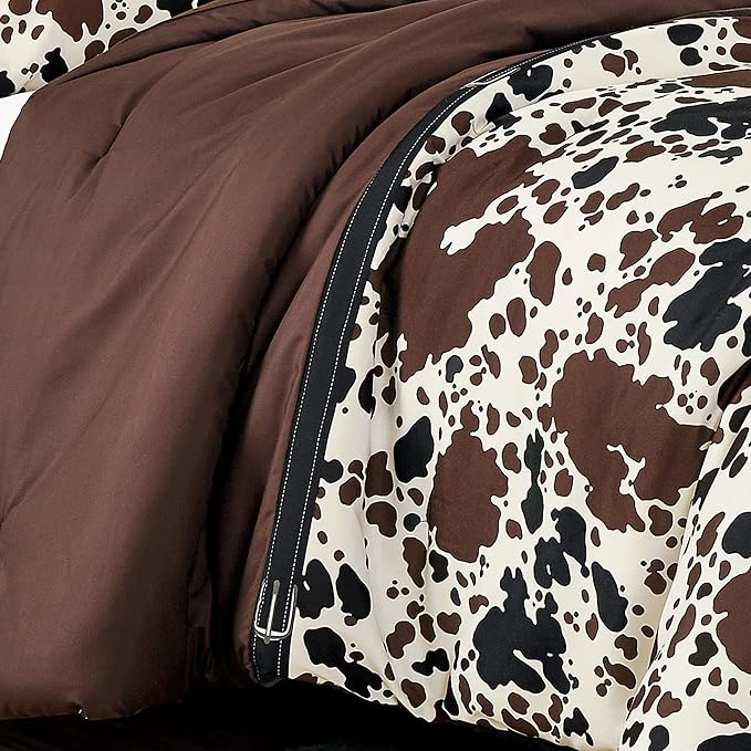 Cow Print Comforter King Size Western theme cowboy Comforter Set Milk Cow Print brown black cream color ranch farmhouse rustic lodge Bedding Set Reversible matching pillow shams included (King)