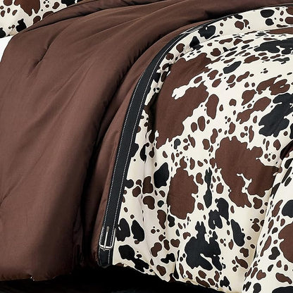 Cow Print Comforter King Size Western theme cowboy Comforter Set Milk Cow Print brown black cream color ranch farmhouse rustic lodge Bedding Set Reversible matching pillow shams included (King)