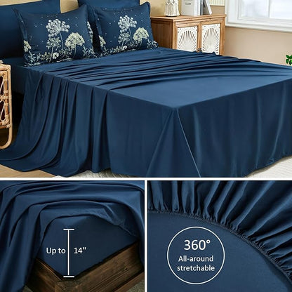 Yiran Navy Blue Floral Comforter Set King Size, 7 Piece Dandelion Botanical Spring Comforter Bedding Set, Bed in a Bag King, Soft Microfiber Complete Bedding Set with Sheets for All Season