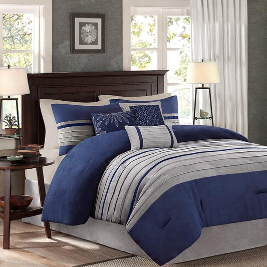 Madison Park Cozy Comforter Set-Luxury Faux Suede Design, Striped Accent, All Season Down Alternative Bedding, Matching Shams, Decorative Pillow, Blue, California King (104 in x 92 in)