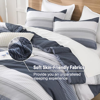 Litanika Oversized King Comforter Set Black Blue 128x120-3 Pieces Lightweight Colorblock Stripe Fluffy Bedding Comforter Sets, All Season Bed Set