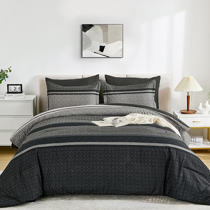 WONGS BEDDING Comforter Set Full Size, Dark Grey Striped 7 Pieces Bed in a Bag Comforter and Sheet Set, Minimalist Geometric Bohemian Soft Lightweight Micorfiber Bedding Set for All Season (78"×90")