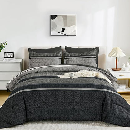 WONGS BEDDING 7 Pieces Comforter Set Queen Size, Dark Grey Black Striped Bed in a Bag Comforter and Sheet Set, Minimalist Geometric Soft Lightweight Micorfiber Bedding Set for All Season (90"×90")