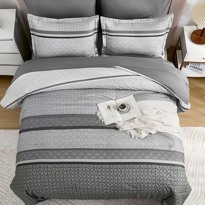WONGS BEDDING Grey Comforter Set Queen Size, 7 Pieces Striped Bed in a Bag Comforter and Sheet Set, Bohemian Soft Lightweight Micorfiber Bedding Set for All Seaon (90"×90")