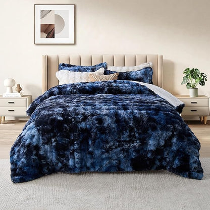 DAICO 3 Pieces Fluffy Faux Rabbit Fur Comforter Set Queen Size Tie Dyed Navy Plush Fuzzy Bubble Comforter Bedding Set Warm Cozy Bedding Comforter Sets for Winter, 1 Comforter and 2 Pillowcases