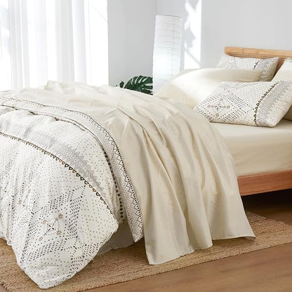 Wake In Cloud - Boho Comforter Set, Farmhouse Bohemian Western Aztec Neutral Aesthetic, Soft Lightweight Bedding, 3 Pieces, Beige, Twin/Twin XL Size
