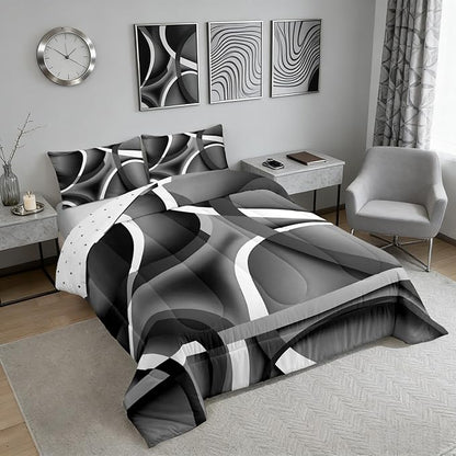 Castle Fairy Retro Circle Comforter Set Queen Size Gray Black Bedding Set for Kids Boys Girls Bedroom Decoration Stripe Line Art Bed Duvet Insert Geometric Modern Comforter with 2 Pillowcase