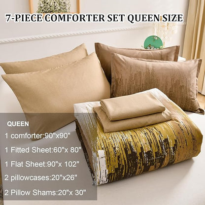 WONGS BEDDING Brown Comforter Set Queen,7 Pieces Bed in a Bag Abstract Art Gradient Comforter Soft Microfiber Bedding Set -1 Comforter, 1 Flat Sheet, 1 Fitted Sheet, 2 Pillow Shams,2 Pillowcases