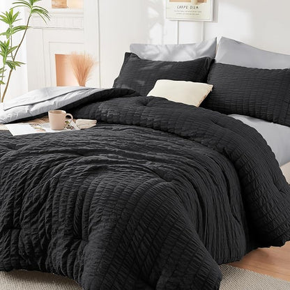 HYMOKEGE Black/Light Grey Full Size Comforter Sets Seersucker 7 Pieces, All Season Luxury Bed in a Bag for Bedroom, Bedding Set with Comforter, Sheets, Pillowcases & Shams