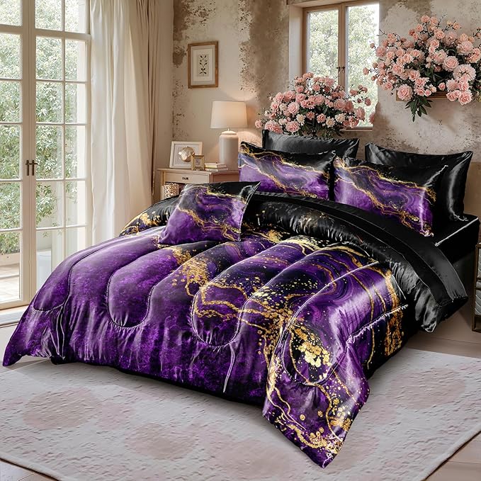 Purple Satin Comforter Set Gray Marble Bedding King Purple Marble Stone Bedroom Decor Artwork Abstract Comforter Silk Like Silky Bed in A Bag with Comforter and Sheets