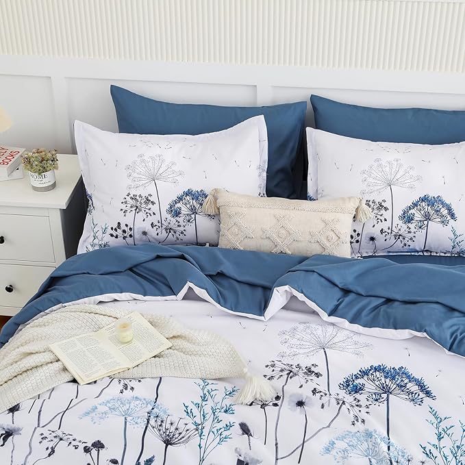Yiran 7 Piece Blue Dandelion Botanical Comforter Set Queen Size, Floral Plant Comforter Bedding Set, Bed in a Bag Queen, Soft Microfiber Complete Bedding Set with Sheets for All Season