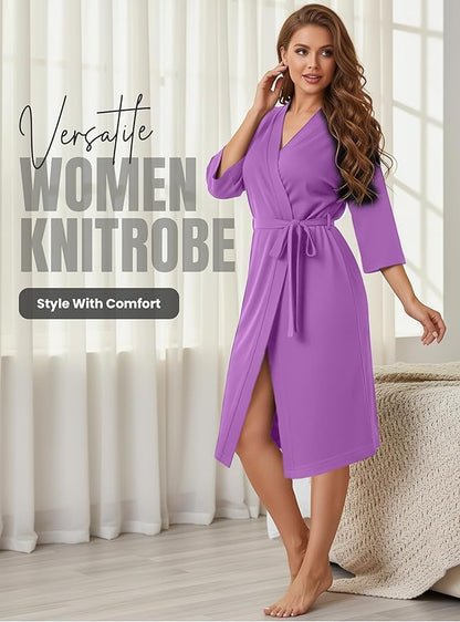 NY Threads Women's Robe Long Knit Bathrobe 3/4 Sleeves Soft Kimono Lightweight Loungewear