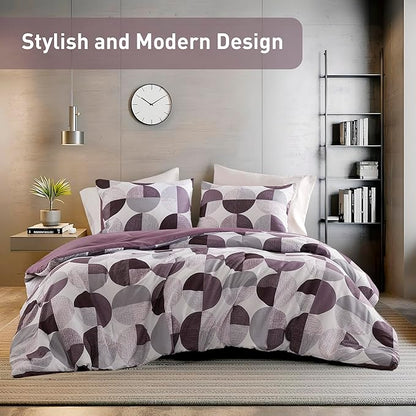 Stylish Three-Tone Printed Queen Size Comforter Set, 3 Pieces Ultra-Soft Microfiber Bedding Set, Warm and Cozy Comforter for All Seasons, Plum Purple & Grey