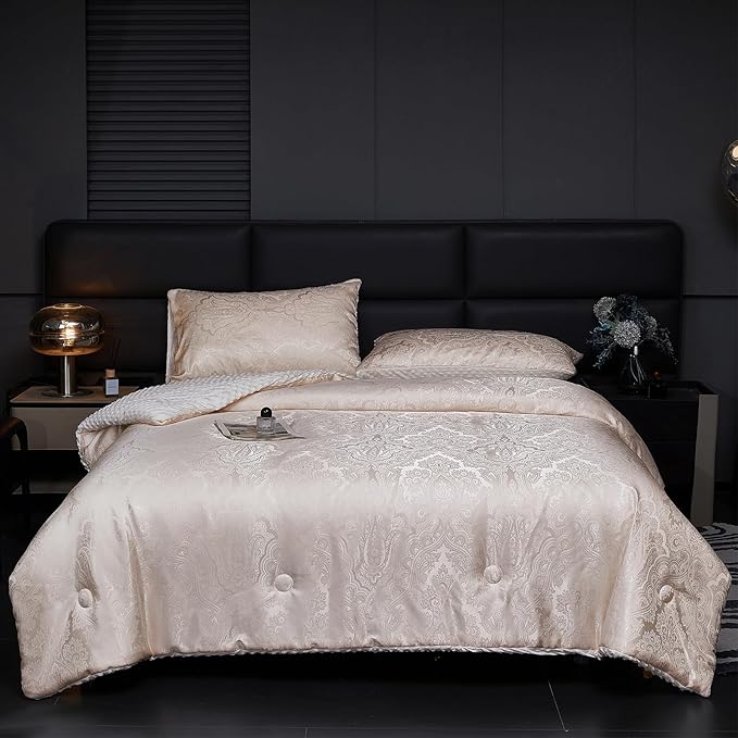 Jacquard Comforter Set - Luxury Warm Paisley Floral Pattern Twin Size Bedding with 1 Pillowcase All-Season Soft & Lightweight 3D Bubble Design Bed Set (68x90 Inches Rose Gold)