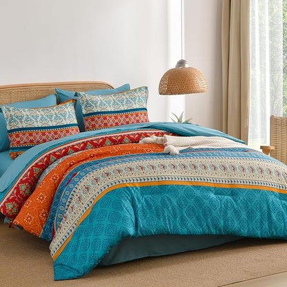 Comforter Set King Size Boho,7 Pieces Bohemian Bedding Comforter Set Striped Bed in a Bag,Teal Paisley Floral Comfortet and Sheet Set,Soft Microfiber Bedding Sets for All Season