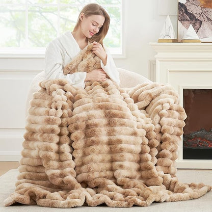 Cozy Bliss Faux Fur Throw Blanket for Couch, Cozy Warm Plush Striped Blanket for Sofa Bedroom Living Room, 50 * 60 Inches Tie-dye Khaki