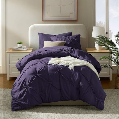 Nestl Twin Comforter Set 5 Piece - Pintuck Twin Bedding Sets Purple, College Dorm Room Essentials for Girls and Boys Bed in a Bag Twin All Season, Twin Comforter Set with Sheets, Pillowcase and Sham