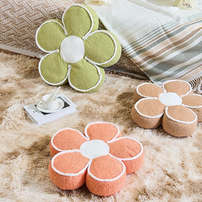 Sioloc Flower Shaped Pillow Daisy Pillows Floor Cushion Pastel Cute Seat Cushions Aesthetic Classroom Dorm Decorative Fun Throw Pillow for Bed,Couch(Light Brown,19.7")