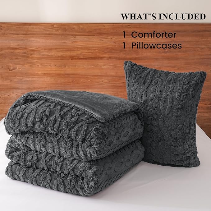 PHF Fluffy Sherpa Fleece Twin Comforter Set, 2 Pieces Warm Fuzzy Soft Bedding for Winter, 3D Tufted Flannel Plush Shaggy Bed Set, 1 Comforter (68"x90") and 1 Pillowcase (20"x26"), Dark Grey