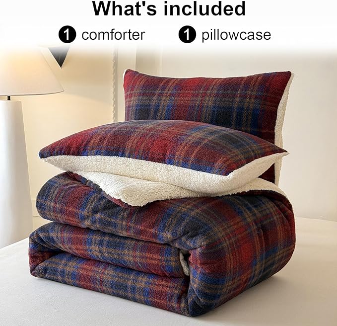Cyusri Plaid Sherpa Comforter Set 2Pcs Fluffy Warm Fleece Down Alternative, Red Blue Grid Pattern Bedding Set with 1 Pillowcase, Twin Size 68"x90"