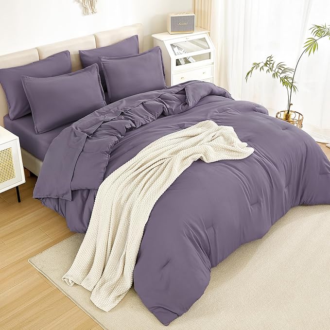 Litanika King Size Comforter Set Grey Purple - 7 Pieces Bed in a Bag King Bedding Comforter Sets, Solid Lightweight Bed Set with Comforter, Sheets, Pillowcases & Shams