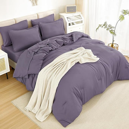 Litanika Full Size Comforter Sets Grey Purple - 7 Pieces Bed in a Bag Full Bedding Comforter Sets, Solid Lightweight Bed Set with Comforter, Sheets, Pillowcases & Shams