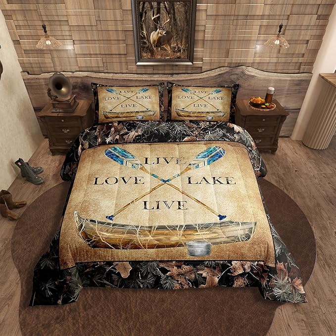 Erosebridal Lake House Bedding Sets Rustic Farmhouse Full Size Comforter Set Camo Lake Paddles Boat Fishing Quilt Bedding Sets Gifts for Lake Lovers,Tree Camouflage Farmhouse Cabin Bed Set 3 Pcs