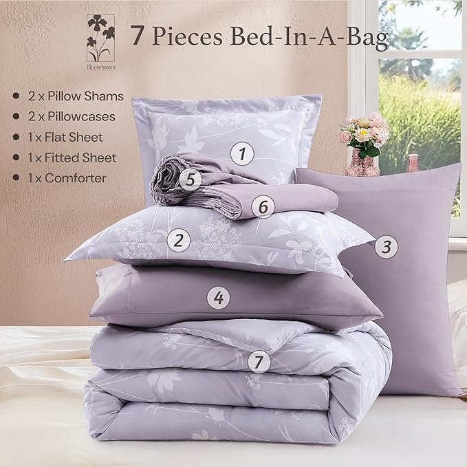 Full Comforter Set -7 Pieces Floral Purple Comforter Set for All Seasons, Bed in a Bag Full with Botanical Flowers Comforter, Sheets, Pillowcases & Shams