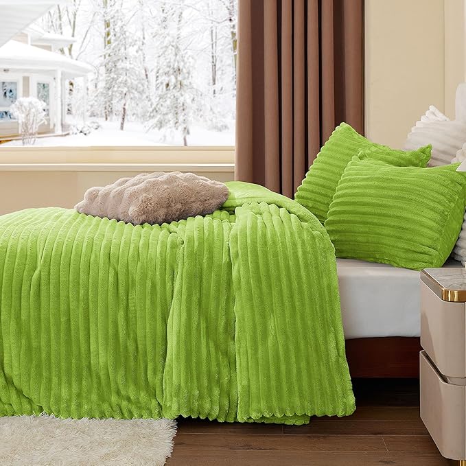 BEDELITE Fleece Queen Comforter Set -Super Soft & Warm Fluffy Dark Citron Bedding, Luxury Fuzzy Heavy Bed Set for Winter with 2 Pillow Cases