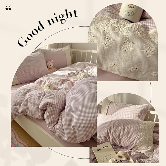 HighBuy Full Comforter Set Purple Gingham Bedding Comforter with Lace Ruffles,Farmhouse Grid Plaid Comforter Set for Girls Women,Fluffy Grid Checkered Pattern Comforter with 2 Pillowcases