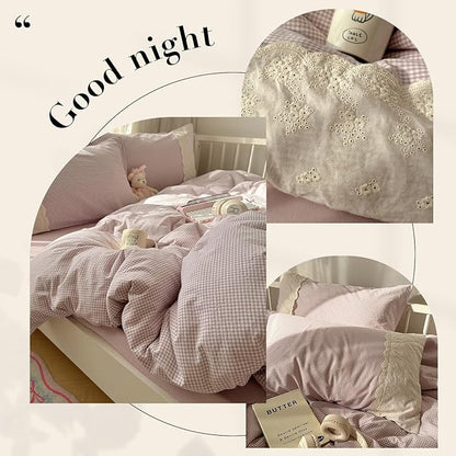 HighBuy Full Comforter Set Purple Gingham Bedding Comforter with Lace Ruffles,Farmhouse Grid Plaid Comforter Set for Girls Women,Fluffy Grid Checkered Pattern Comforter with 2 Pillowcases