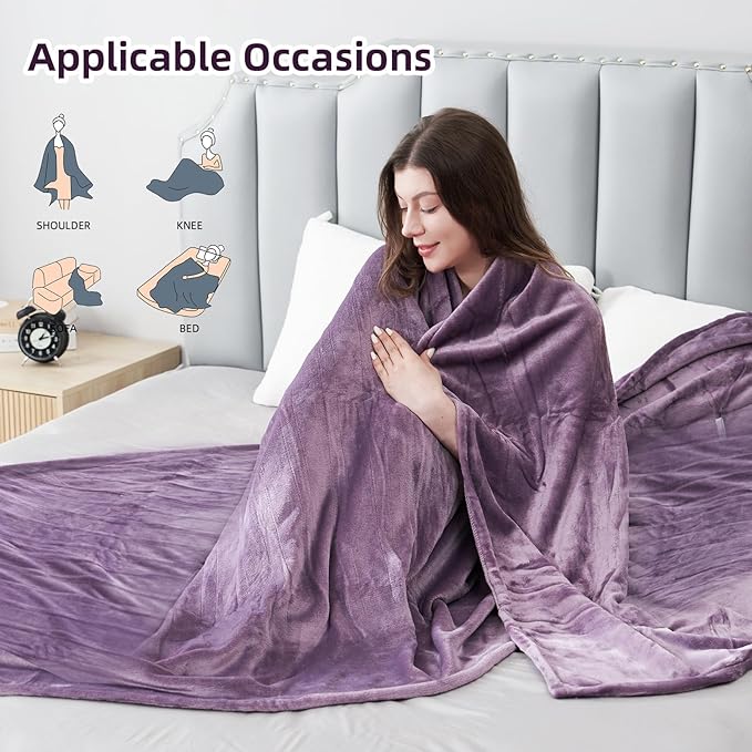 Electric Heated Blanket Queen Size 84"x90", Soft Plush Microplush for Bed, Dual Controllers & Heating Zones, 1-10Hs Auto Off & 6 Heating Levels, Machine Washable, Gifts for Family-Purple