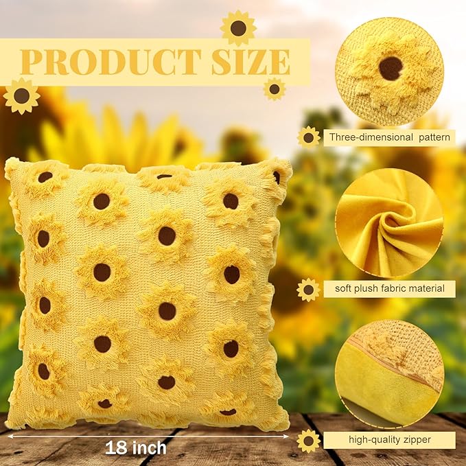 2 pcs Sunflower Throw Pillow Covers 18x18 Summer Flower Home Decor Farmhouse Decorative Pillow Covers Soft Plush Faux Fur Wool Pillowcase for Sofa Bed Living Room Housewarming Gifts