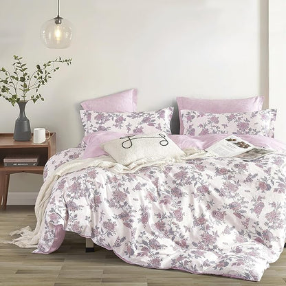 Pink Floral Cotton Comforter King Size 3PC - Vintage Romantic Botanical on Soft White with Smoky Pink Floral Reverse – Cozy Reversible Lightweight Comforter Set with Soft Fill(104"×90")