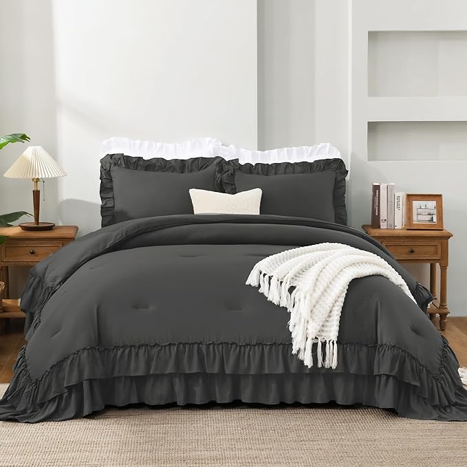 Andency Super King Plus Ruffle Comforter Set 128x120, 3 Pieces Thick Farmhouse Shabby Chic Bedding Set, Lightweight Soft Oversized California King Comforter Set (1 Comforter 2 Pillowcases), Dark Grey