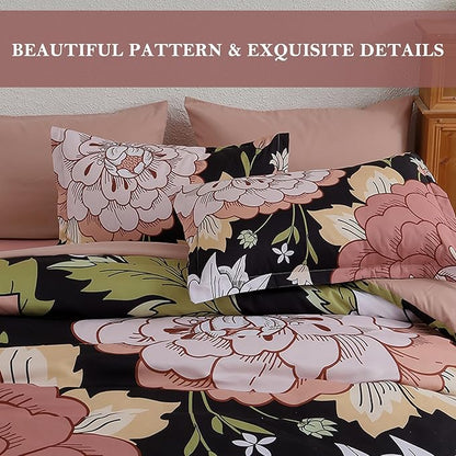 DJY 7 Pieces Black Floral Comforter Set Queen Size Blush Pink Botanical Bed in a Bag, Soft Microfiber Boho Farmhouse Bedding Floral Comforter with Sheets Set for All Season (90''x90'')