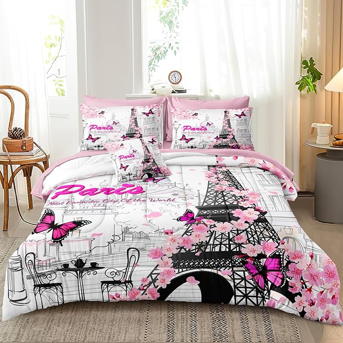 Pink Paris Comforter Set Girls France Bedding Comforter Twin Size Bed in a Bag with Pink Sheet Set Cherry Blossom Butterfly Quilt Romantic French City Bed Set Twin Size