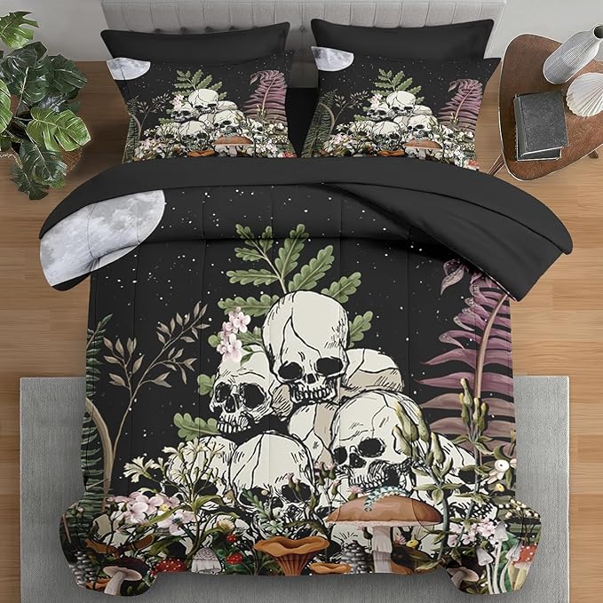 Comforter Set Queen Size, Dark Mushroom Plant Vintage 7 Pcs Bedding for Kids and Adults, Skeleton Spooky Retro Bed Sheet Sets with Fitted Sheet 2 Pillowcases & 2 Shams for Bedroom Bed Decor
