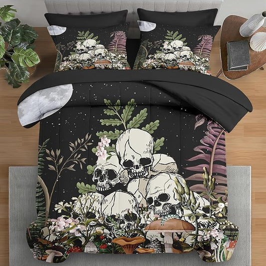 Comforter Set Twin Size, Mushroom Plant 5 Pcs Bedding for Kids and Adults, Skeleton Spooky Retro Bed Sheet Sets with Fitted Sheet Pillowcases & Shams for Bedroom Bed Decor