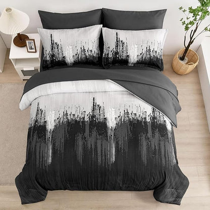 WONGS BEDDING Comforter Set King, Black Grey 7 Pieces Bed in a Bag Colorful Abstract Art Gradient Comforter Soft Microfiber Bedding Set with Comforter,Flat Sheet,Fitted Sheet,Pillow Shams,Pillowcases