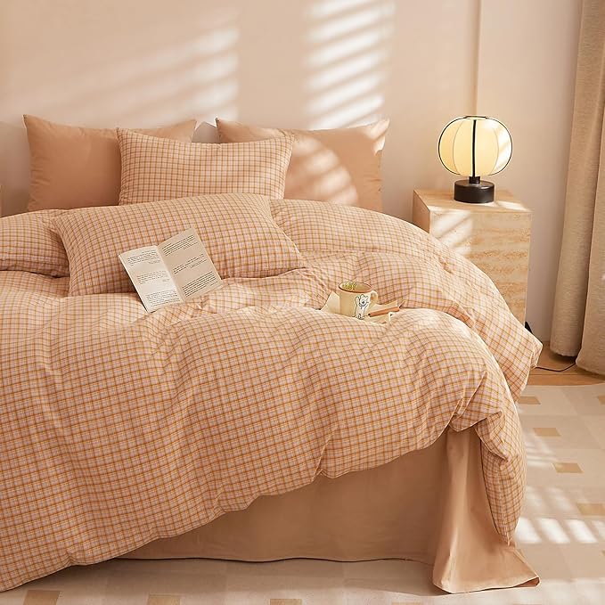 HighBuy Orange Gingham Comforter Set King for Men Boys Chic Modern Grid Plaid Comforter Set 3 Pieces Soft Fluffy Checkered Pattern Comforter with 2 Pillowcases Farmhouse Gingham Bedding Set