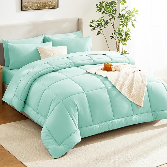 CozyLux King Size Comforter Set Mint Green, 7 Pieces Bed in a Bag, Green Comforter King Size, All Season Bedding Sets with Stitch Quilted Comforter, Flat Sheet, Fitted Sheet, Pillowcases