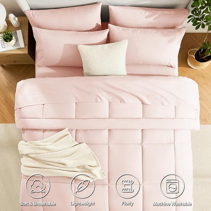 CozyLux Oversized Queen Comforter Sets Blush Pink, 7 Pieces Bed in a Bag, Ultra-Soft All Season Bedding Sets with Stitch Quilted Comforter, Flat Sheet, Fitted Sheet, Pillowcases, Blush Pink