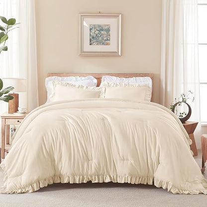 Andency Beige Comforter Set Queen Size, 3 Pieces Shabby Chic Ruffle Bedding Comforter Sets for Queen Bed, Lightweight Fluffy Soft Microfiber Farmhouse Comforter Set