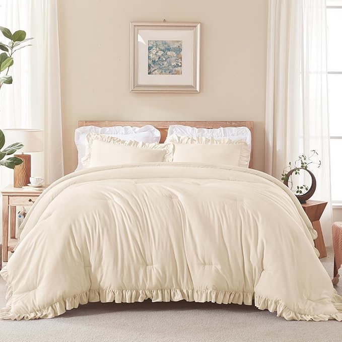Andency Oversized King Comforter Set 120x98, 3 Pieces Ruffle Shabby Chic Famhouse Bedding Set, All Season Lightweight Fluffy Bed Set for Girls Women, Beige